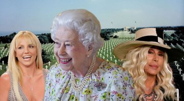 Montagem com Britney Spears, Elizabeth II e Cher em cemitério (Fotos: Getty Images)