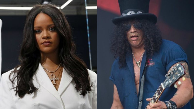 Rihanna (Foto: François Mori/ AP) e Slash durante o festival Rock im Park, na Alemanha, em 2015 (Foto:Matthias Merz/picture-alliance/DPA/AP Images)