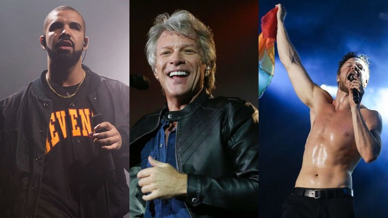 Drake (Foto 1: Charles Sykes), Bon Jovi (Foto 2: Ricardo Matsukawa Mercury) e Dan Reynolds (Foto 3: Andréia Takaishi)