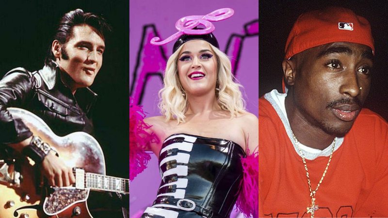 Montagem com Elvis Presley (Foto: NBC), Katy Perry (Foto: Amy Harris/Invision/AP) e Tupac Shakur (1196591Globe Photos/MediaPunch/IPx)