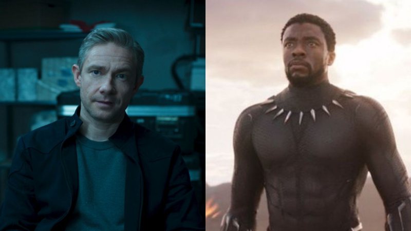 Montagem de Martin Freeman(Reprodução) e Cena do filme Pantera Negra (Divulgação)