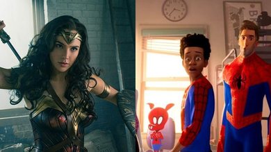 Gal Gadot em Mulher-Maravilha e Cena do filme Homem-Aranha no Aranhaverso (Foto 1: reprodução Warner | Foto 2: Sony Pictures Animation)