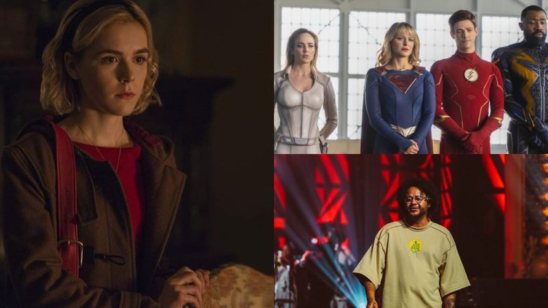 O Mundo Sombrio de Sabrina (Foto: Netflix / Divulgação),  Legends of Tomorrow (Foto: Reprodução) e Emicida no Theatro Municipal de São Paulo, em 2019 (Foto: Jef Delgado / Divulgação)