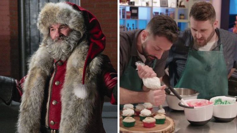 Kurt Russell como Papai Noel em Crônicas de Natal (Foto: Reprodução/Netflix) e cena de Sugar Rush de Natal (Foto: Reprodução/Netflix)