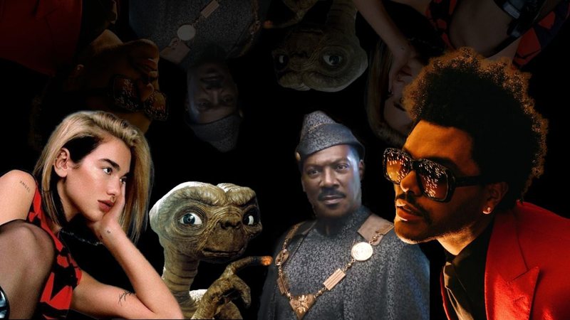 Montagem de Dua Lipa, E.T., Um Príncipe em Nova York e The Weeknd (Foto: Reprodução)