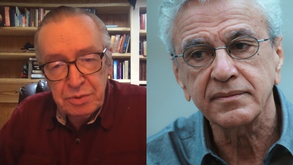 Olavo de Carvalho em vídeo (Foto: Reprodução/Youtube) e Caetano no trailer de Narciso em Férias (Foto: Divulgação/UNS produções)