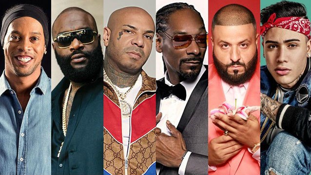 Ronaldinho Gaúcho, Rick Ross, K2Rhym, Snoop Dogg, DJ Khaled e Kevinho (Foto: Divulgação)