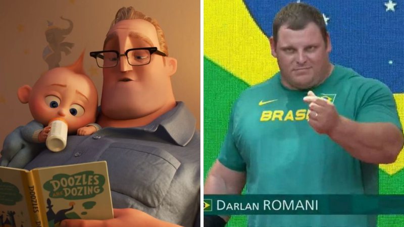 Cena de Os Incríveis 2 (Foto: Reprodução/Pixar) e Darlan Romani nas Olimíadas de Tóquio (Foto: Rperodução/SporTV)