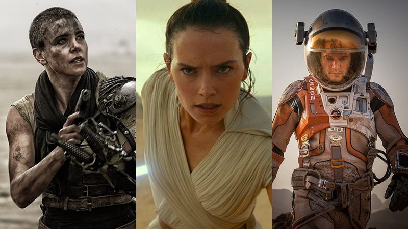 Imperatriz Furiosa em Mad Max, Rey em Star Wars - A Ascensão Skywalker e Mark Watney em Perdido em Marte (Foto 1: Reprodução/IMDb | Foto 2: Reprodução Disney/Lucasfilm | Foto 3: Reprodução)