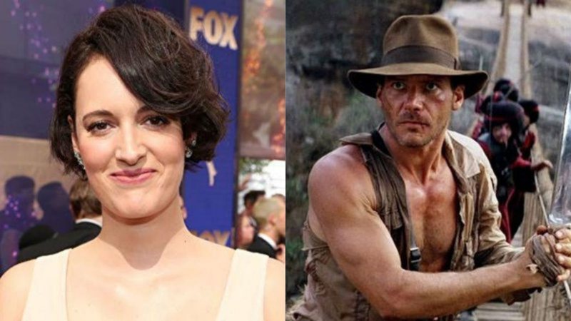 Phoebe Waller-Bridge (Foto: Rich Polk / Getty Images / IMDb) e Harrison Ford em Indiana Jones e o Templo da Perdição (1984) (Foto: Divulgação)