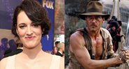 Phoebe Waller-Bridge (Foto: Rich Polk / Getty Images / IMDb) e Harrison Ford em Indiana Jones e o Templo da Perdição (1984) (Foto: Divulgação)