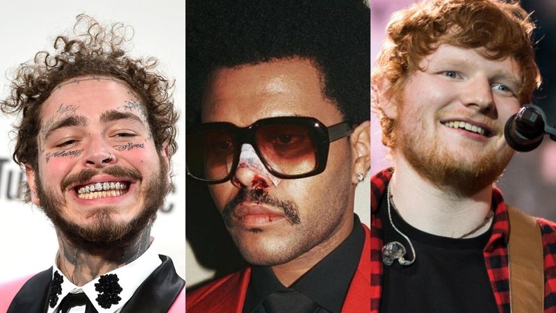 Post Malone (Foto: Jordan Strauss / Invision / AP) | The Weeknd (Foto: Reprodução/Instagram) | Ed Sheeran (Foto: Ian Gavan/Getty Images)