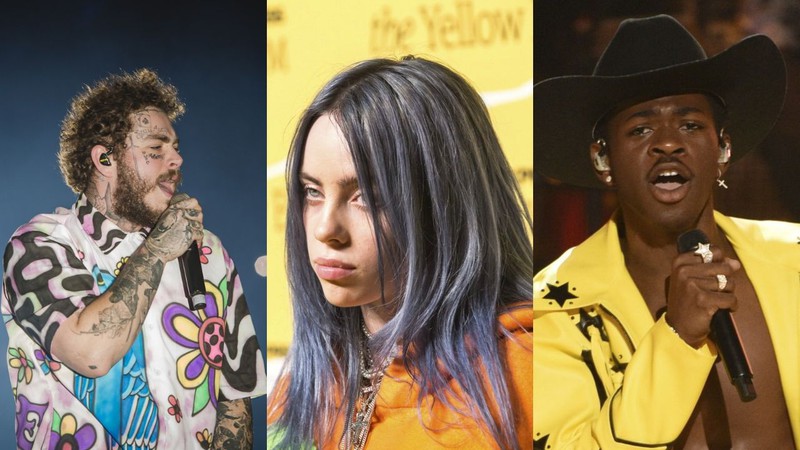 Post Malone (Foto 1:Mila Maluhy), Billie Eilish (Foto 2:Joe Russo / Sipa USA/ AP Images) e Lil Nas X (Foto 3: Chris Pizzello/AP)