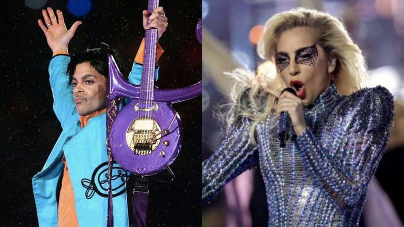 Prince no Super Bowl (Foto: Getty Images /Jonathan Daniel) e Lady Gaga no Super Bowl (Foto: Ronald Martinez/Getty Images)