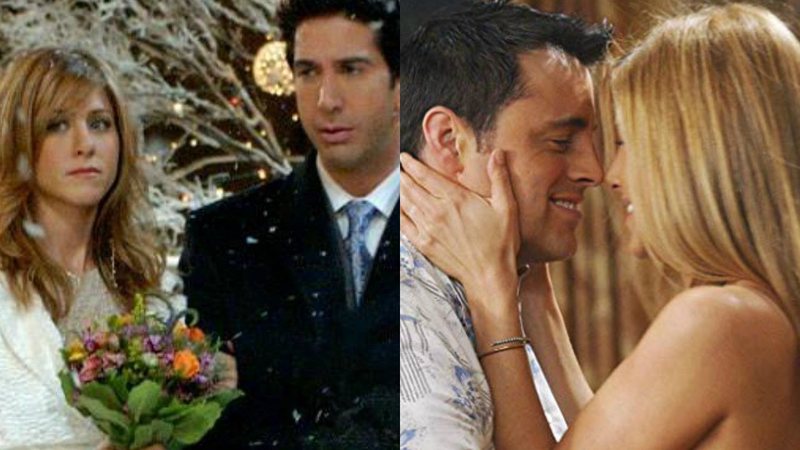 Jennifer Aniston como Rachel e David Schwimmer como Ross em Friends e Jennifer Aniston como Rachel  e Matt LeBlanc como Joey Tribbiani (Fotos: Reprodução/Warner)