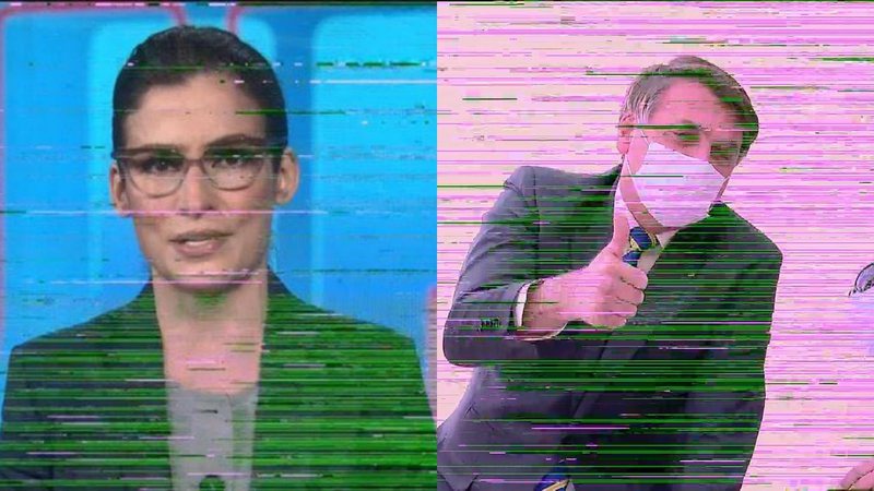 Imagens de Renata Vasconcellos e Jair Bolsonaro no Jornal Nacional (Foto: Reprodução / Twitter)