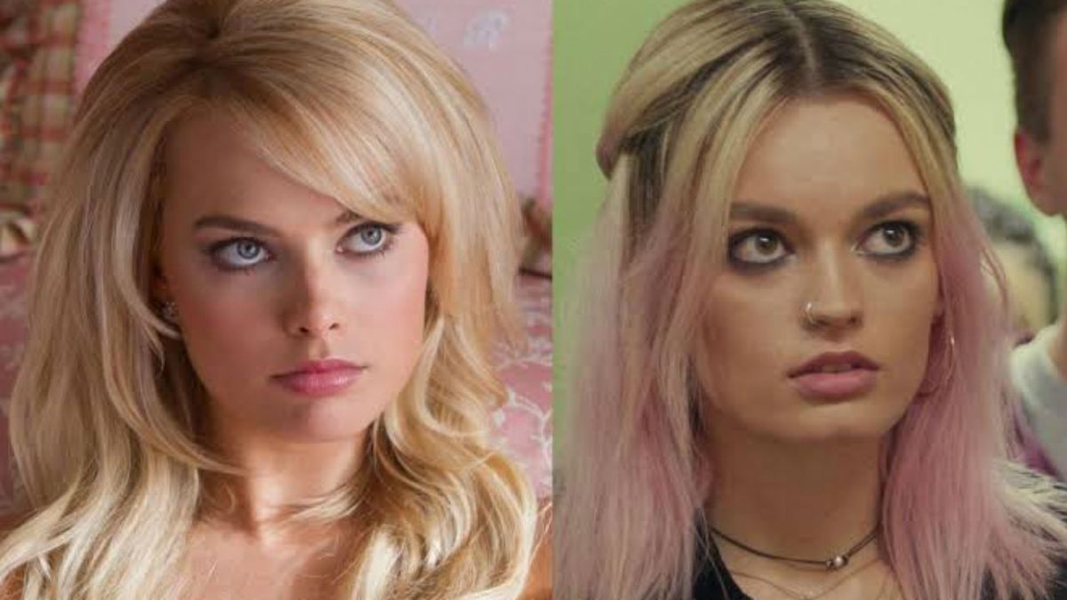 Margot Robbie em O Lobo de Wall Street e Emma Mackey em Sex Education (Foto: Reprodução)