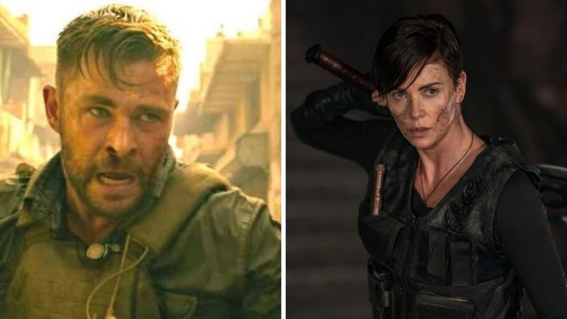 Chris Hemsworth em Resgate, da Netflix (Foto: Reprodução) e Charlize Theron em The Old Guard (Foto: Reprodução/Netflix)