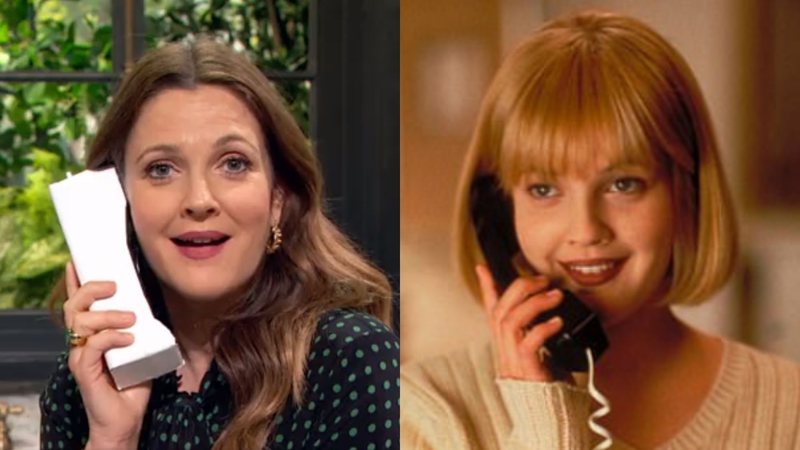 Montagem de Drew Barrymore anuncia reunião de Pânico (Reprodução) e Drew Barrimore no filme Pânico (Reprodução)