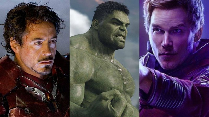 Robert Downey Jr. em Homem de Ferro (Foto: Reprodução Marvel), Mark Ruffalo como Hulk em Thor: Ragnarok (Foto: Reprodução/ Marvel) e Chris Pratt como Senhor das Estrelas (Foto: Reprodução/Instagram)