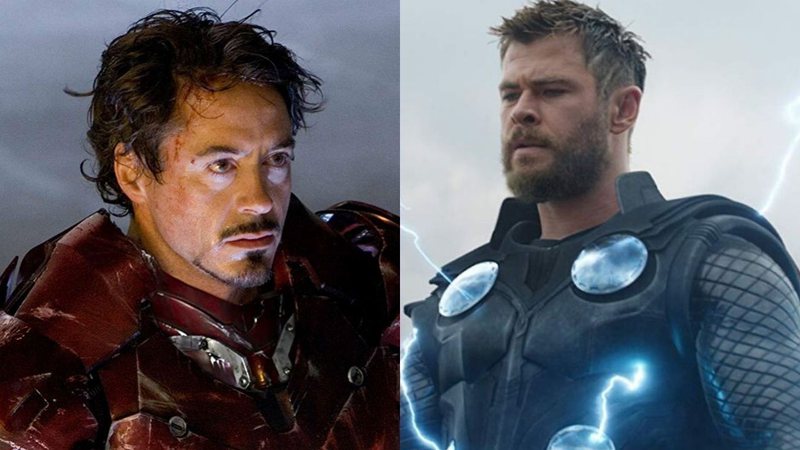 Robert Downey Jr. como Homem de Ferro e Chris Hemsworth como Thor em cena de Vingadores: Ultimato (Foto 1: Divulgação | Foto 2: Divulgação / Marvel Studios)