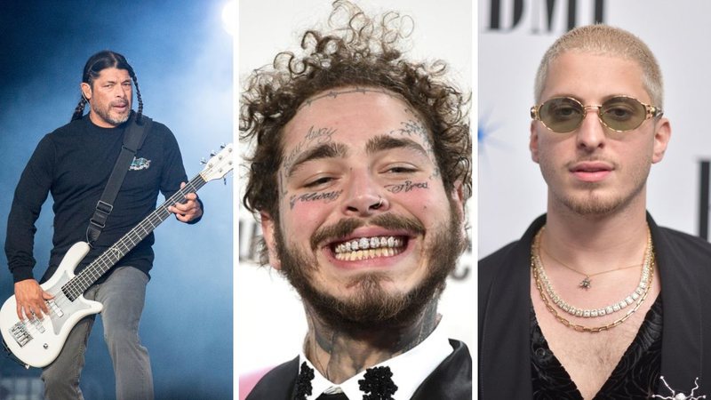 Robert Trujillo (Foto: Amy Harris/Invision/AP), Post Malone (Foto: Jordan Strauss/Invision/AP) e Andrew Watt (Foto: Richard Shotwell/Invision/AP)