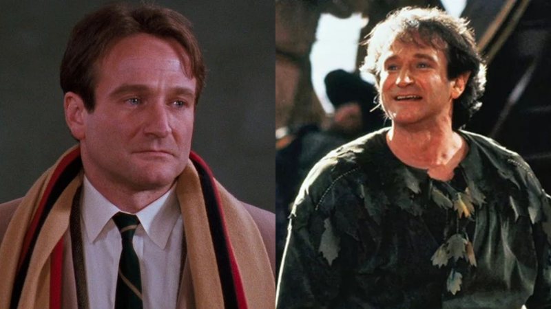 Montagem de Robin Williams como John Keating em Sociedade dos Poetas Mortos e como Peter Pan em A Volta do Capitão Gancho (Foto: Reprodução)