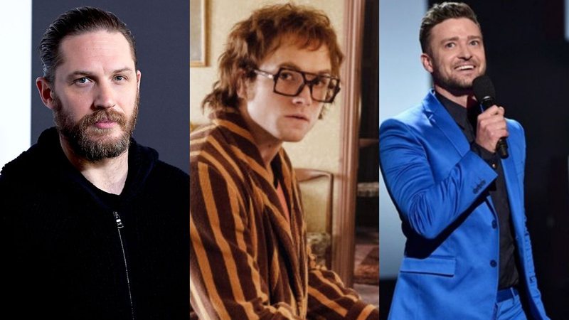 Montagem de Tom Hardy (Foto: Matt Winkelmeyer/Getty Images), Rocketman (Foto: Reprodução) e Justin Timberlake (Foto:John Shearer/AP)