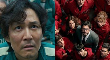 Montagem de La Casa de Papel (Divulgação) e Round 6 (Reprodução/Netflix)