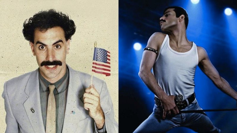 Sacha Baron Cohen em Borat: Fita de Cinema Seguinte (Foto: Reprodução/Amazon Prime Video) e Rami Malek em Bohemian Rhapsody (Foto: Reprodução)