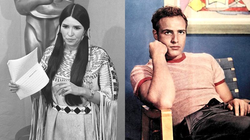 Sacheen Littlefeather em 1973 (Foto: UCLA Library Special Collections) e Marlon Brando (Foto: Domínio Público)