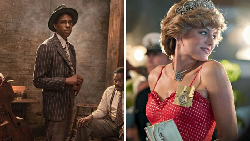 Chadwick Boseman em A Voz Suprema do Blues (Foto: Reprodução/ Netflix) e Emma Corrin vive Lady Diana em The Crown (Foto: Des Willie/Netflix/Divulgação)