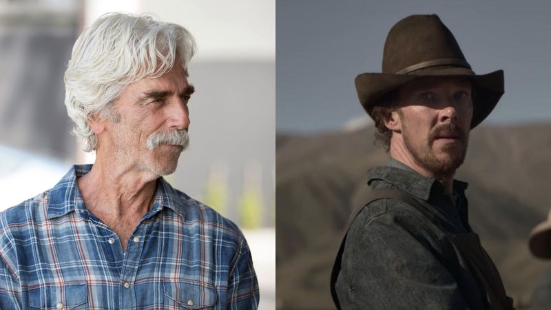 Sam Elliott (Foto: Reprodução /Twitter) e Benedict Cumberbatch em Ataque dos Cães (Foto: Reprodução / Youtube)