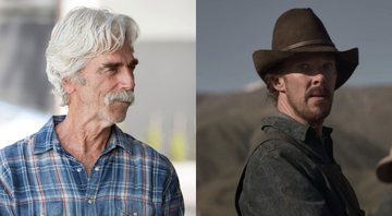 Sam Elliott (Foto: Reprodução /Twitter) e Benedict Cumberbatch em Ataque dos Cães (Foto: Reprodução / Youtube)