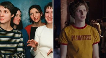 Banda Plumtree (Foto: Reprodução) e Scott Pilgrim com camiseta da banda em cena do filme (Foto: Reprodução/Universal)