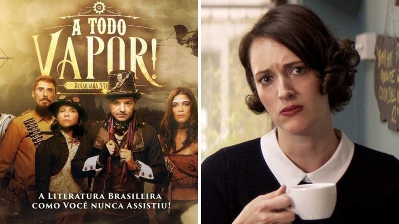 Pôster de A Todo Vapor!, primeira série steampunk do Brasil (Foto: Fabio Grum) e Phoebe Waller-Bridge em cena de Fleabag (Foto: Reprodução/Amazon Prime)