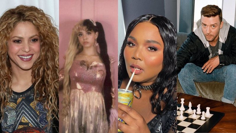 Montagem de Shakira (Foto: SIPA / USA via AP), Melanie Martinez (Reprodução/Instagram), Lizzo  (Reprodução/Instagram) e Justin Timberlake  (Reprodução/Instagram)