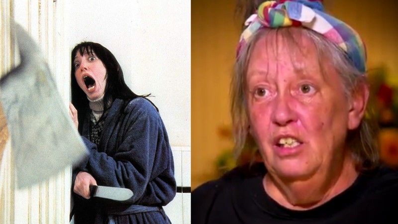 Shelley Duvall em cena do 'O Iluminado' (Foto: reprodução/vídeo)/ Shelley Duvall no programa do Dr. Phil Mcgraw (Foto: reprodução/vídeo)