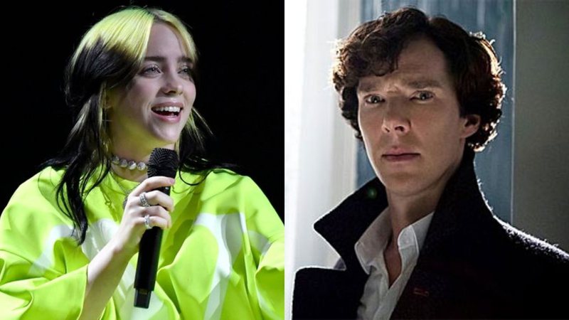 Montagem de Billie Eilish (Foto: Frazer Harrison/Getty Images for Spotify) e série Sherlock Holmes (Foto: Reprodução)