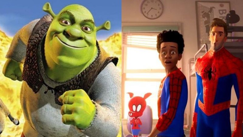 Shrek (Foto: Divulgação / Dreamworks) e Homem-Aranha no Aranhaverso (Fotos: Sony Pictures Animation)