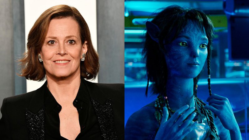 Sigourney Weaver (Foto:  Frazer Harrison / Getty Images) e Kiri em Avatar 2 (Foto: Reprodução / Twitter)