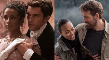 Simone Ashley e Jonathan Bailey em Bridgerton (Foto: Reprodução /Twitter) / Zoe Saldana e Ryan Reynolds em The Adam Project (Foto: Reprodução / Netflix / Twitter)