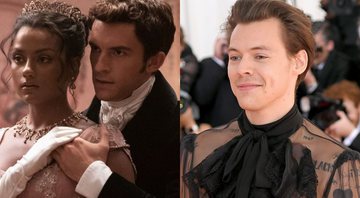 Simone Ashley e Jonathan Bailey em Bridgerton (Foto: Reprodução /Twitter) e Harry Styles (Foto: Neilson Barnard/Getty Images)