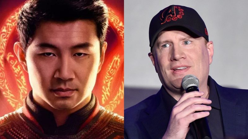 Simu Liu como Shang-Chi (Foto: Divulgação / Marvel) e Kevin Feige, da Marvel (Foto: Alberto E. Rodriguez / Getty Images)