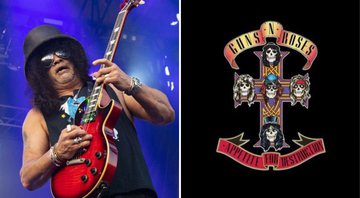 Slash em ação no Lollapalooza Chicago 2019 (Foto: Amy Harris / Invision / AP) e Capa de Appetite for Destruction (Foto: Divulgação)