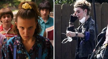 Personagens originais de Stranger Things (Foto: Reprodução) e Levon Thurman-Hawke no set da quarta temporada (Foto: Reprodução/Twitter)