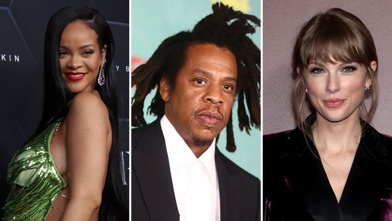 Rihanna (Foto: Mike Coppola / Getty Images), Jay-Z (Foto: Rich Fury / Getty Images) e Taylor Swift (Foto: Dimitrios Kambouris / Getty Images)