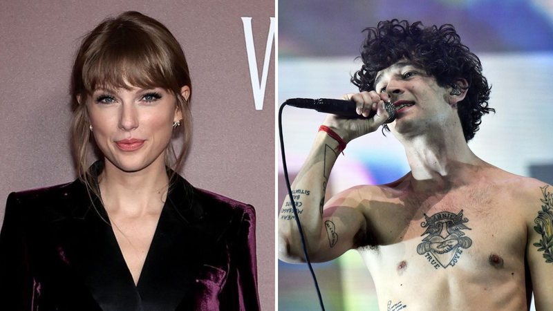 Taylor Swift (Foto: Dimitrios Kambouris/Getty Images) e Matty Healy, do 1975 (Foto: Emma McIntyre / Equipe)