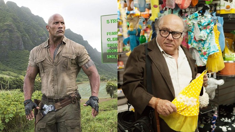 The Rock em Jumanji e Danny DeVito em Wiener Dog (Foto 1: Reprodução / Sony e Foto 2: Reprodução / IFC)