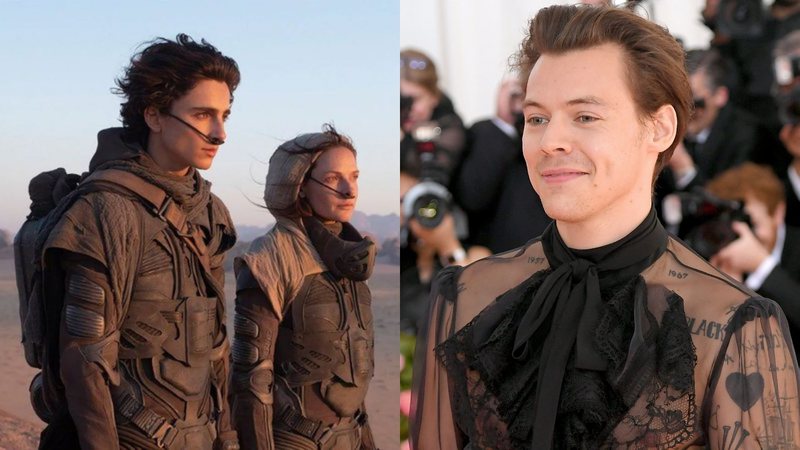 Timothée Chalamet e Rebecca Ferguson em Duna (Foto: Divulgação) e Harry Styles (Foto: Neilson Barnard/Getty Images)